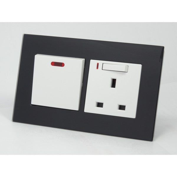  glass double frame with white modules of 20A switch and UK socket with neon switch