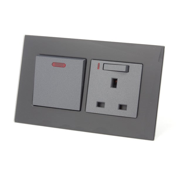 black glass double switch and uk socket with switch and neon grey module