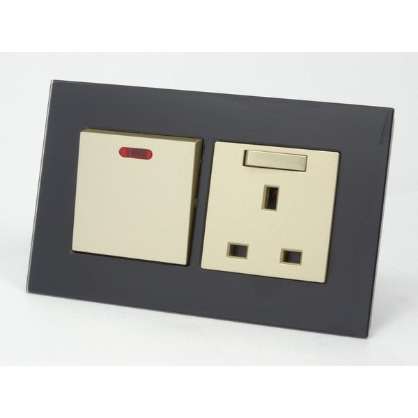 I LumoS AS Luxury Black Glass Double Pole 20A Switch with Switched 13A UK Socket