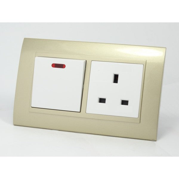 Gold Plastic Double Frame with white insert of switch and UK socket