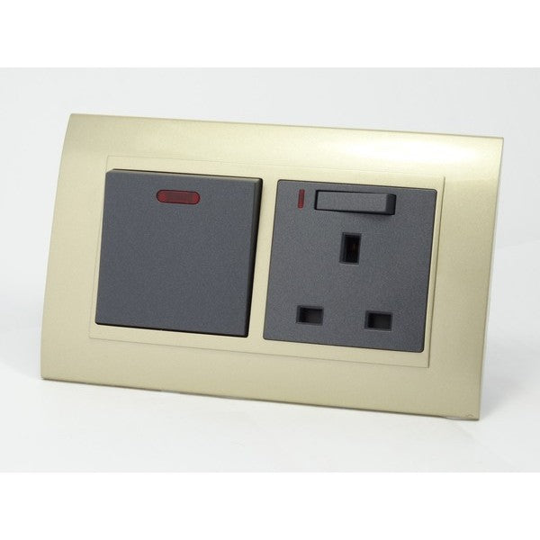 Gold Plastic Double Frame with dark grey insert of switch and switched neon uk socket