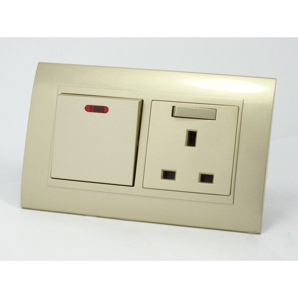 Gold Plastic Double Frame with gold insert of switch and switched uk socket