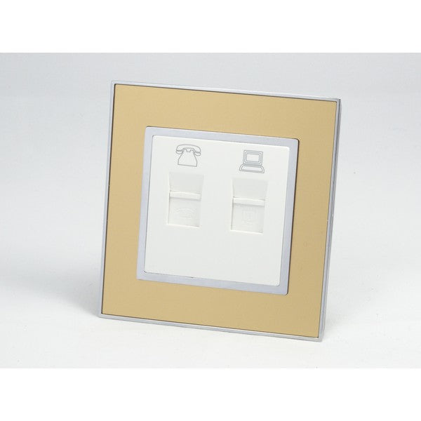 Gold Mirror Glass Single Frame with white insert of telephone and internet socket