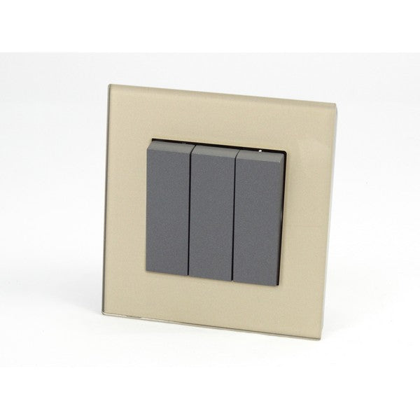 Gold Glass Single Frame with dark grey insert of 3 rocker light switch