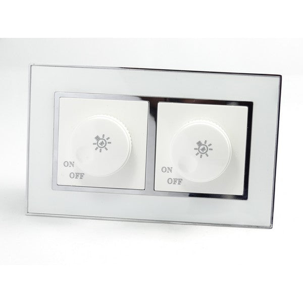 I LumoS AS Luxury White Mirror Glass Double Frame Rotary Dimmer Light Switch