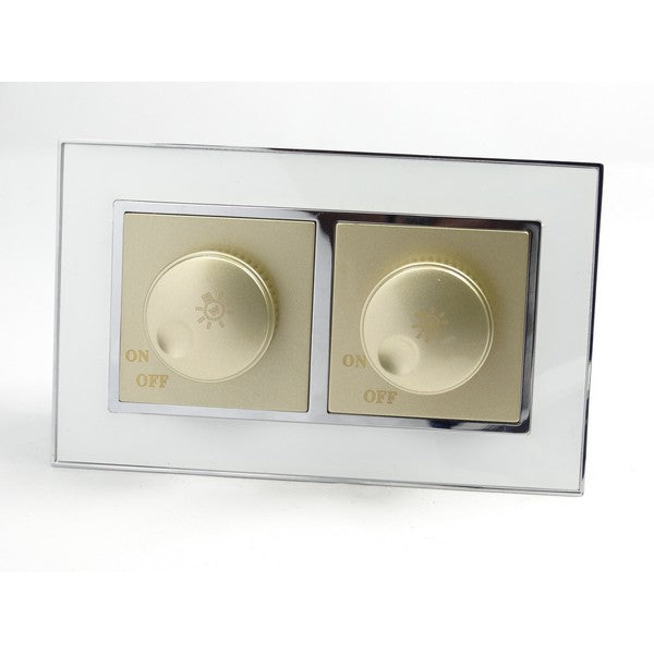 I LumoS AS Luxury White Mirror Glass Double Frame Rotary Dimmer Light Switch