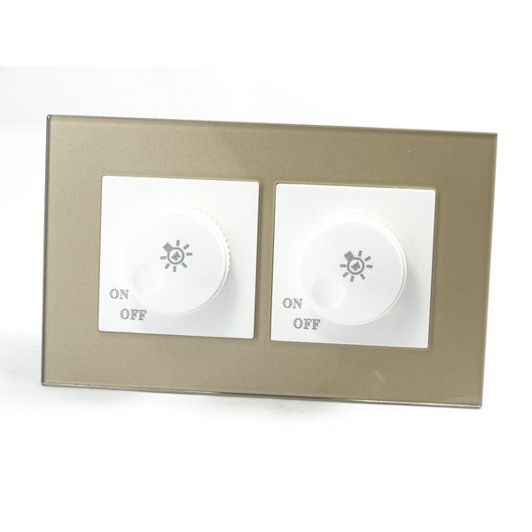 Gold Glass Double Frame with white inserts of double rotary dimmer light switches