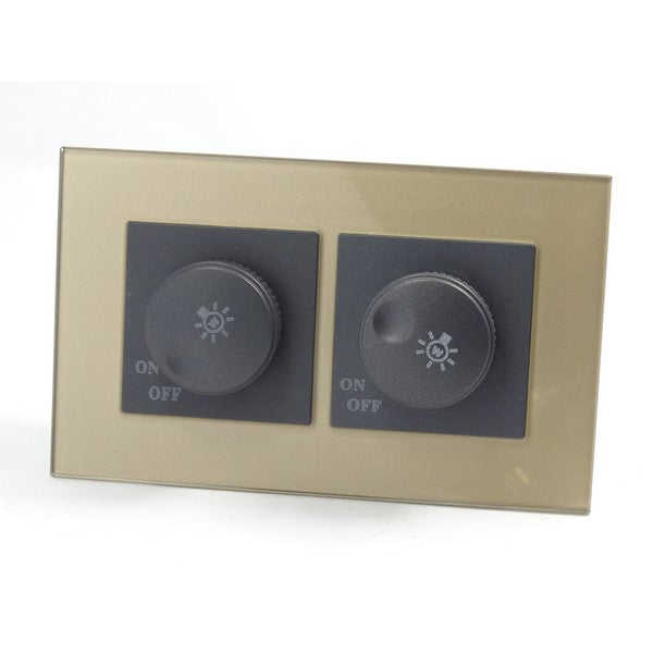 Gold Glass Double Frame with dark grey inserts of double rotary dimmer light switches