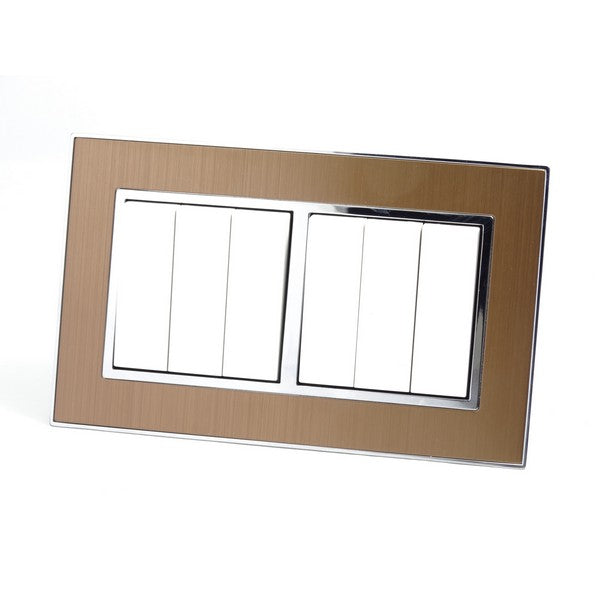 Gold Satin Metal Double Frame with white insert of 6 gang light switches