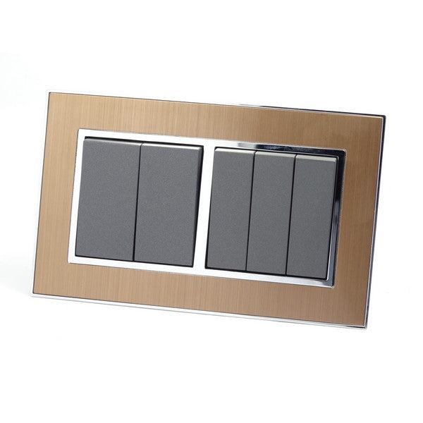 Gold Satin Metal Double Frame with dark grey insert of 5 gang light switches