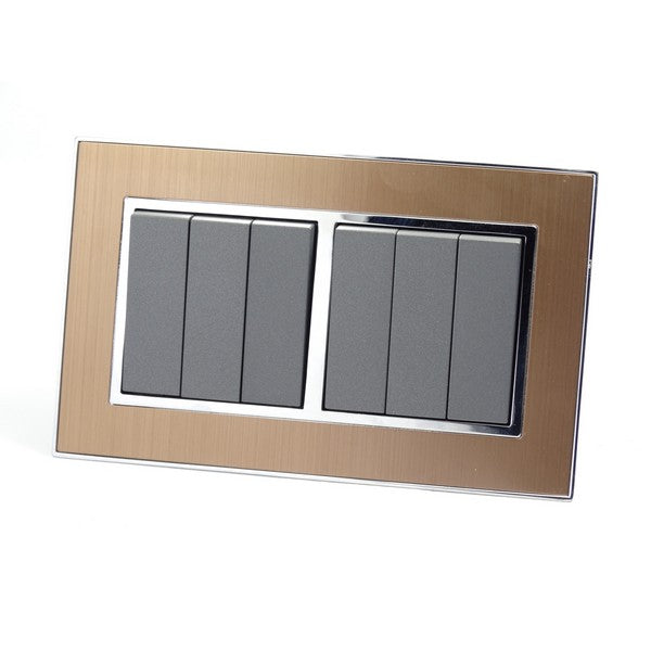 Gold Satin Metal Double Frame with dark grey insert of 6 gang light switches