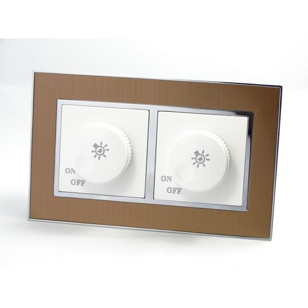 Gold Satin Metal Double Frame with white insert of double rotary dimmer light switch