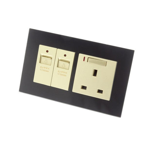 Black Glass Frame with Gold switched and neon wall plug uk socket and Double USB ports