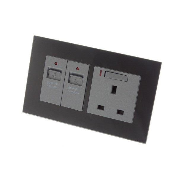 Black Glass Frame with Grey switched and neon wall plug uk socket and Double USB ports