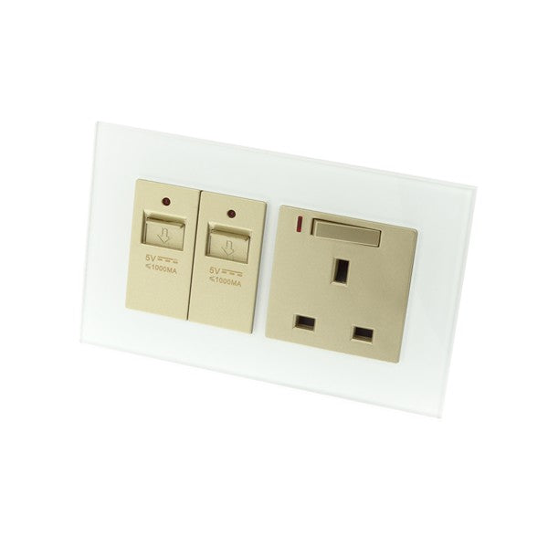 I LumoS AS Luxury White Glass Double USB + Switched & Neon Wall Plug 13A UK Sockets