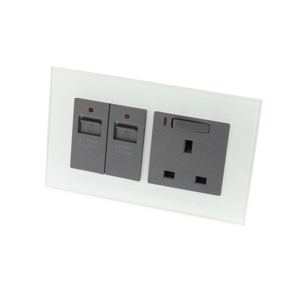 I LumoS AS Luxury White Glass Double USB + Switched & Neon Wall Plug 13A UK Sockets