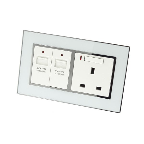 I LumoS AS Luxury White Mirror Glass Double USB + Switched & Neon Wall Plug 13A UK Sockets