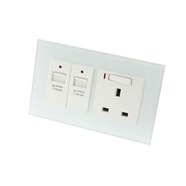 I LumoS AS Luxury White Glass Double USB + Switched & Neon Wall Plug 13A UK Sockets