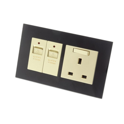 Black Glass Frame with Gold switched and neon wall plug uk socket and Double USB ports