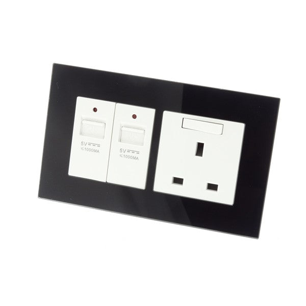 Black Glass Frame with White switched and neon wall plug uk socket and Double USB ports