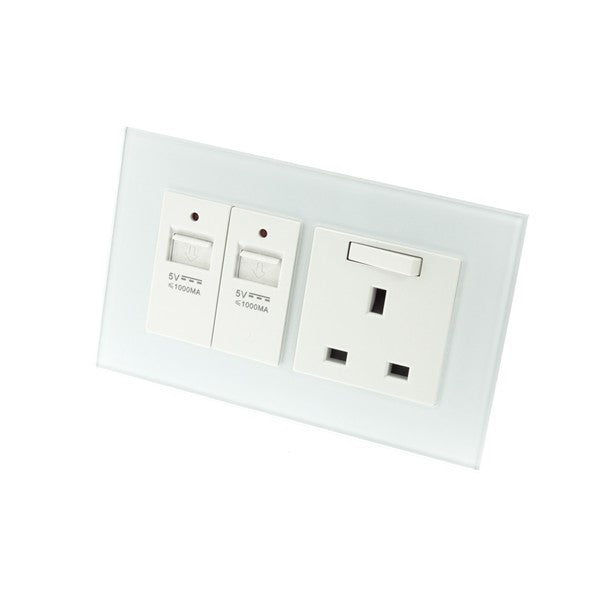 I LumoS AS Luxury White Glass Double USB + Switched Wall Plug 13A UK Sockets
