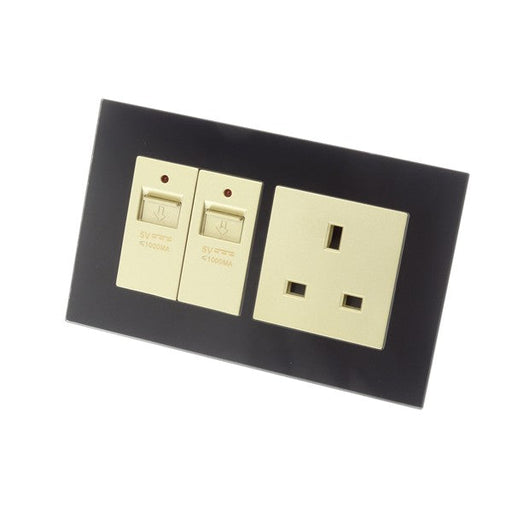 Double Black Glass Frame with Gold uk socket and Double USB ports