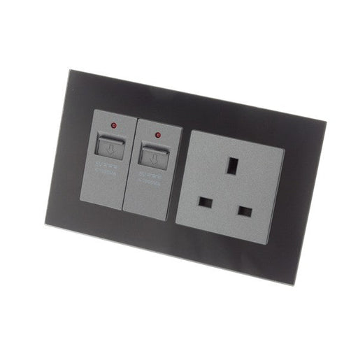 Double Black Glass Frame with Grey uk socket and Double USB ports