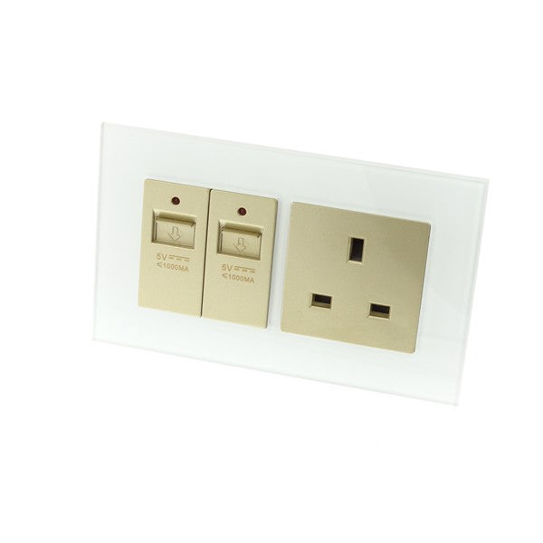 I LumoS AS Luxury White Glass Double USB + Unswitched Wall Plug 13A UK Sockets