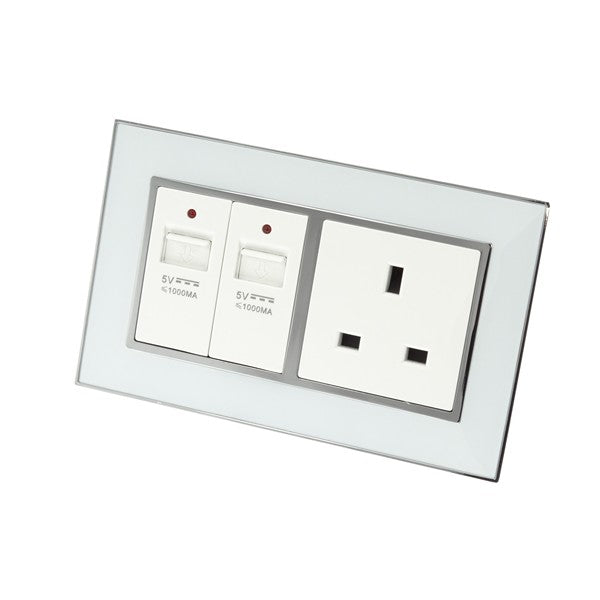 I LumoS AS Luxury White Mirror Glass Double USB + Unswitched Wall Plug 13A UK Sockets