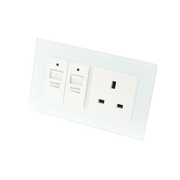 I LumoS AS Luxury White Glass Double USB + Unswitched Wall Plug 13A UK Sockets