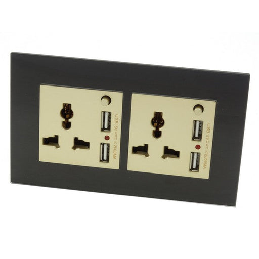 Black glass 3 pin multi plug with 4a usb double socket and gold module