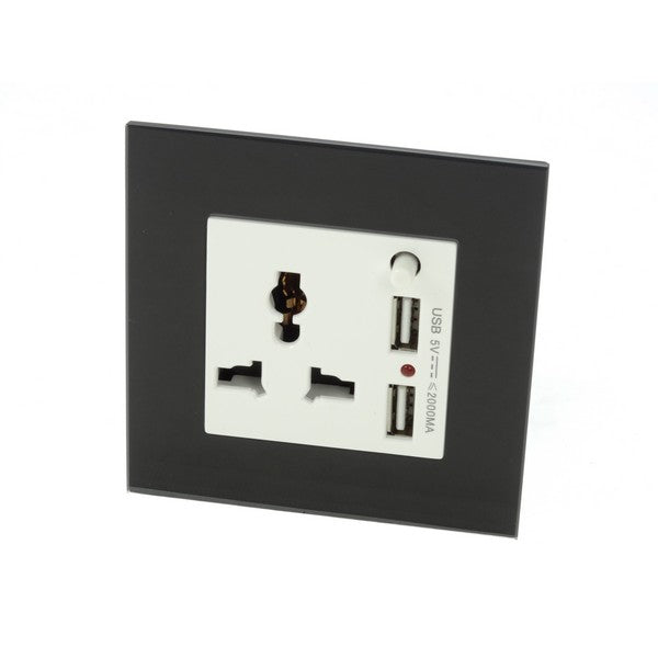 Black glass 3 pin multi plug with 2a usb single socket and white module