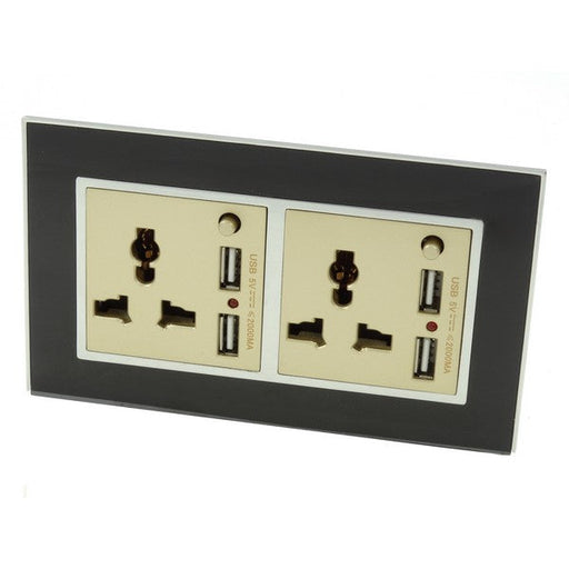 Double Black Glass Frame with gold 3 pin multi plug and 4A USB socket