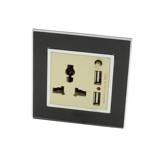 Double Black Glass Frame with gold 5 pin multi plug socket