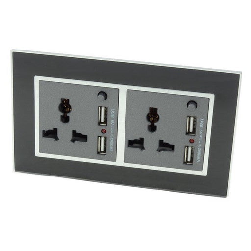 Double Black Glass Frame with grey 3 pin multi plug and 4A USB socket