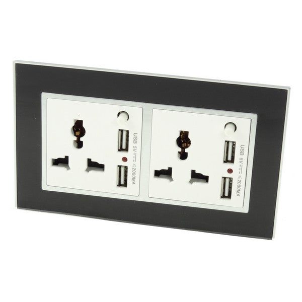 Double Black Glass Frame with white 3 pin multi plug and 4A USB socket