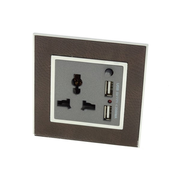 goat skin leather Single Frame with dark grey Interest of Multi plug 3 pin with 2A USB Socket
