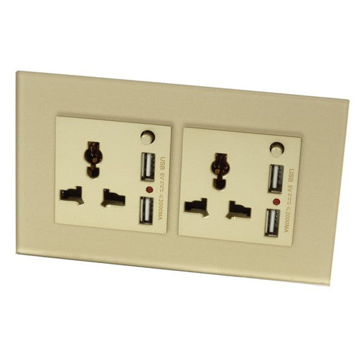 Gold Glass Double Frame with Gold inserts of 3 pin multi plug and 2A USB sockets