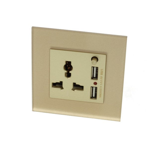 Gold Glass Single Frame with Gold insert of 3 pin multi plug and 2A USB socket