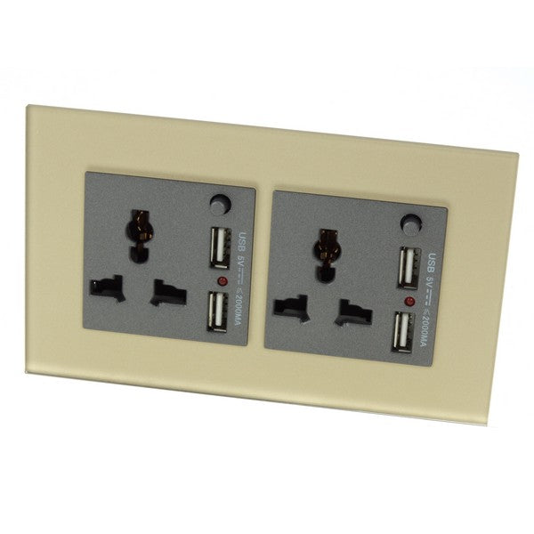 Gold Glass Double Frame with Dark Grey inserts of 3 pin multi plug and 2A USB sockets