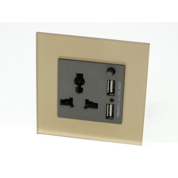 Gold Glass Single Frame with Dark Grey insert of 3 pin multi plug and 2A USB socket