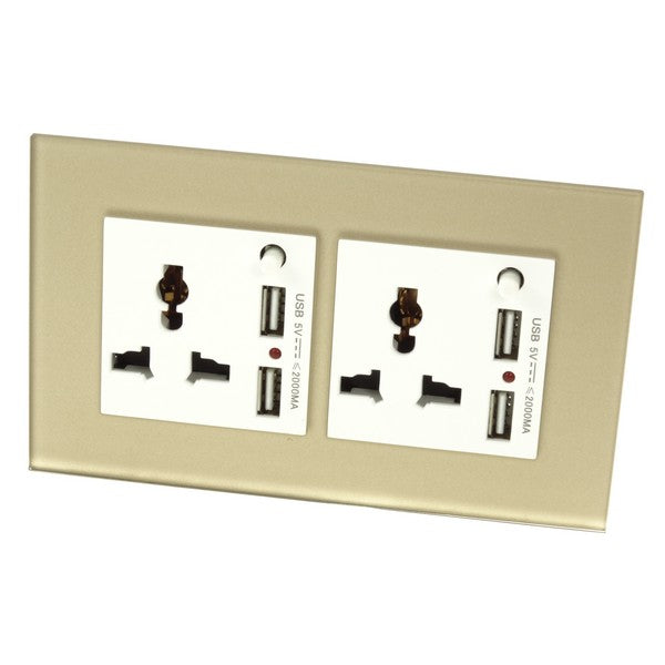 Gold Glass Double Frame with white inserts of 3 pin multi plug and 2A USB sockets