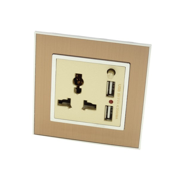 Gold Satin Metal Single Frame with gold insert of 3 pin and 2A USB socket