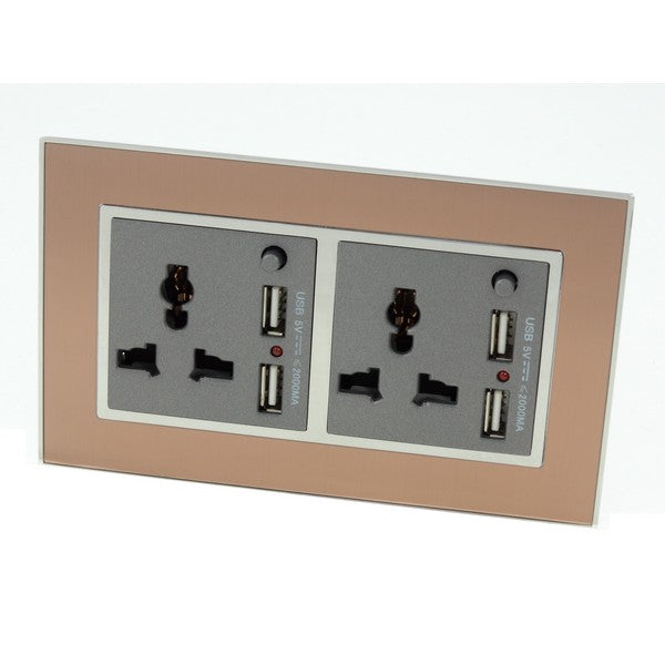 Gold Satin Metal Double Frame with dark grey insert of 3 pin and 2A USB socket