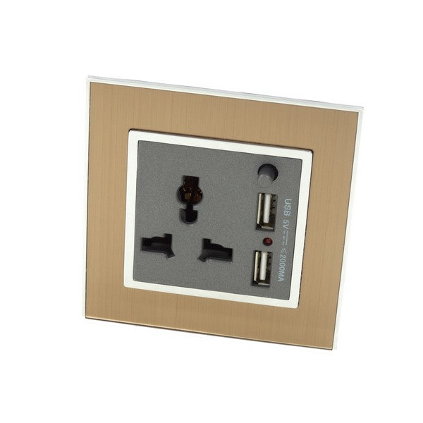 Gold Satin Metal Single Frame with dark grey insert of 3 pin and 2A USB socket