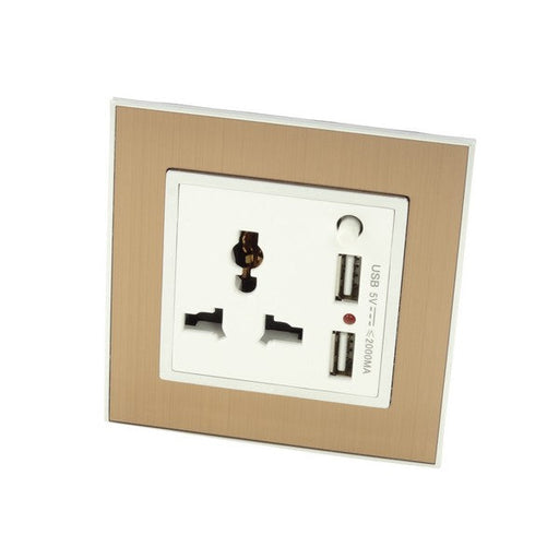 Gold Satin Metal Single Frame with white insert of 3 pin and 2A USB socket