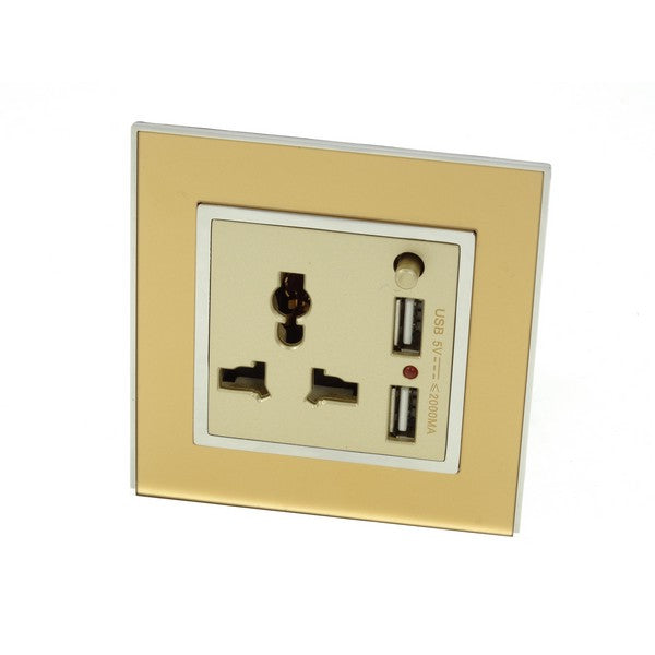 Gold Mirror Glass Single Frame with gold insert of 3 pin and 2A USB socket