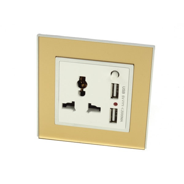 Gold Mirror Glass Single Frame with white insert of 3 pin and 2A USB socket