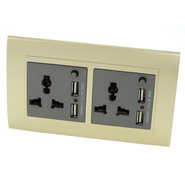 Gold Plastic Double Frame with dark grey insert of 3 pin and 2A USB socket