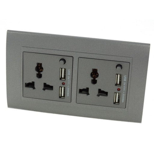 grey plastic double frame with grey insert double 3 pin and 4A USB Socket